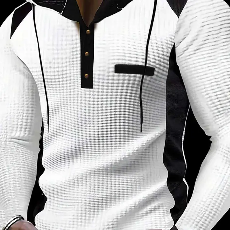 Men's Casual Long Sleeve Knit Hoodie Pullover, Skin-Friendly Breathable Waffle Fabric, 100% Polyester, Fake Pocket Design, Spring & Fall Wear