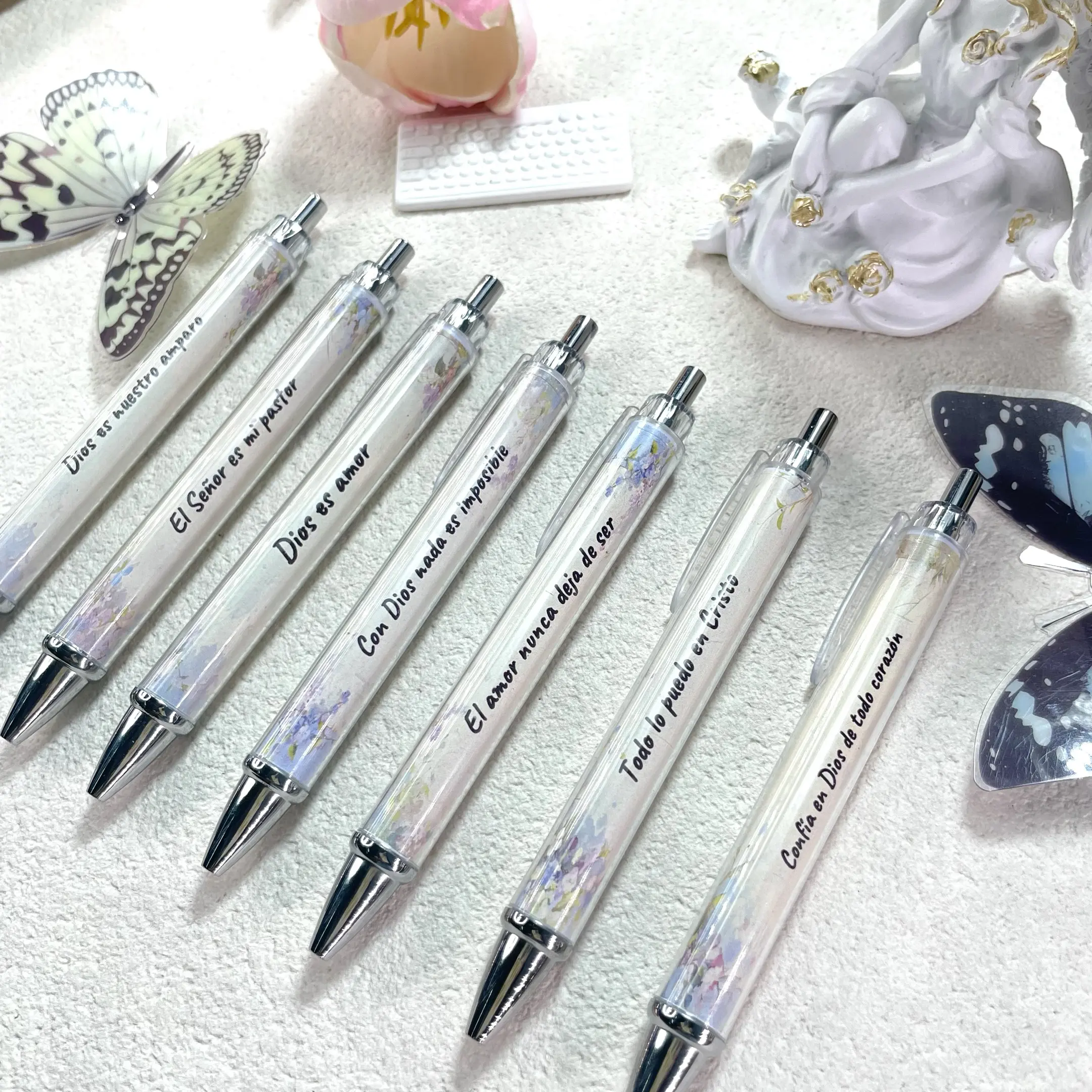 7pcs inspirational Bible scripture ballpoint pens with floral patterns and uplifting motivational words, stretchable plastic writing pens for office gifts