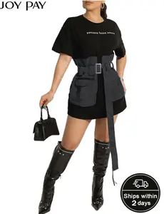 Streetwear Utility Mini Dress Short Sleeve T Shirt Dress with Belt & Pockets Adjustable Cargo Casual Chic