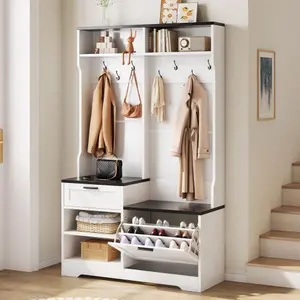 Bellemave  Hall Tree with Bench and Shoe Storage, 6-in-1 Entryway Organizer, 43.3" x 15.75" x 70.87", MDF Wood, Embossed White/Black Wood Grain Finish