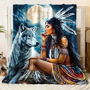 Ethnic Style Native American Themed Blanket with Wolf & Moon Print, Soft Cozy Throw Featuring Indigenous Woman in Traditional Attire, Perfect for Home Decor & Multi Sizes Option