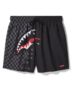 SPEED SHARK SIDE SWIPE SWIM SHORTS with Bold Shark Graphic and Checkerboard Pattern Black Swimwear