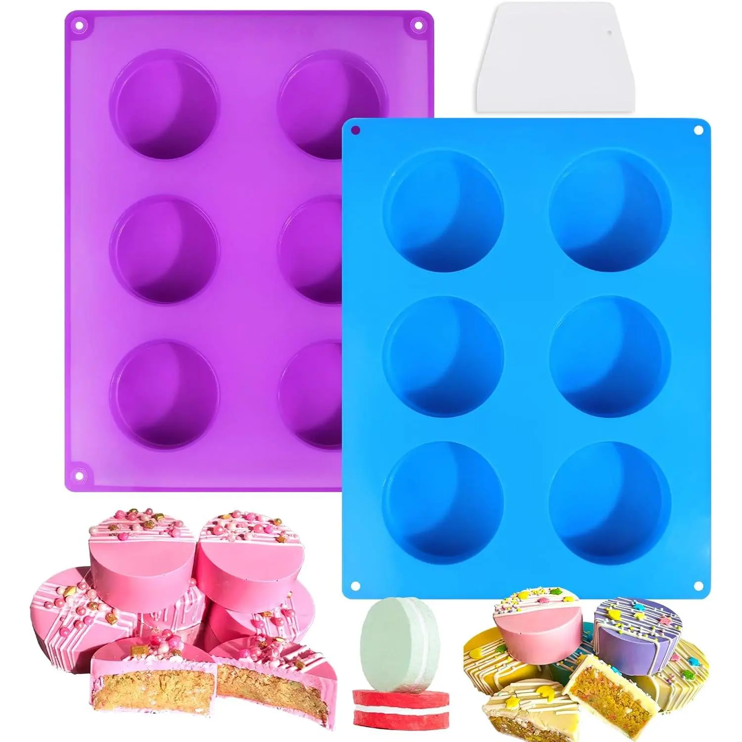 Silicone Cake Puck Mold Set Chocolate Covered Flat Pop for Cookie Candy Desserts Making  2 Molds and 1 Scraper