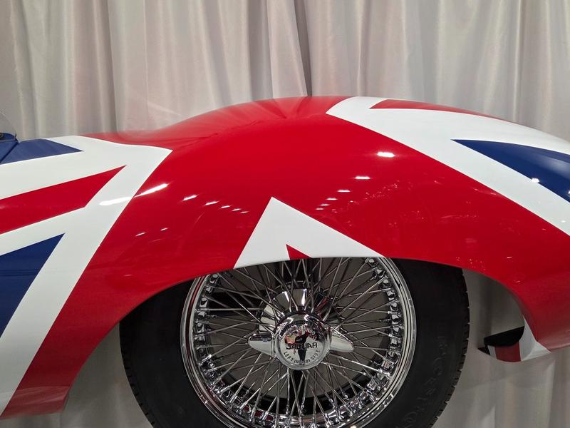 1955 Jaguar D-Type Classic Wall Art work with Union Jack Livery Dayton Wire Wheels