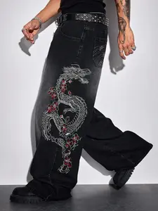 Viral Y2K Revival Dragon Embroidered Jeans with Cherry Blossom Details, Faded Black Wash & Wide Leg Fit - Perfect for Men's Dark Streetwear Outfits
