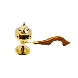 Brass Incense Burner with Wooden Handle 5"H for resin incense