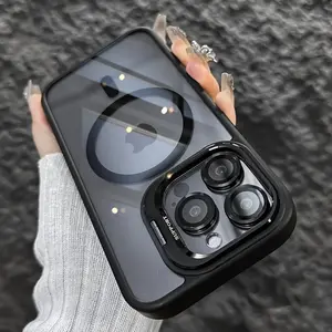 3-in-1 Magnetic Metal Frame Cellphone Casing with Lens Protector Film, TPU Shockproof Drop-Resistant Handheld Stand, Mobile Device Accessory Compatible with iPhone 17/16/15/14/13/12, Ideal Gift for Friends
