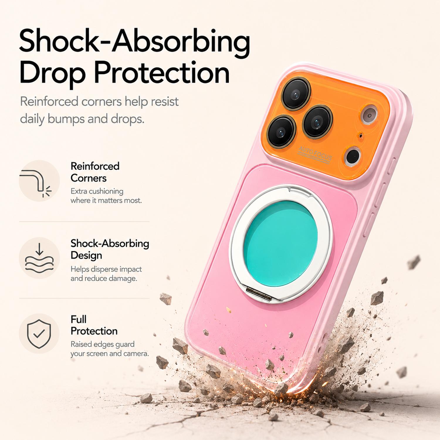 Dopamine Colors Magnetic Case for iPhone 17 16 15 14 Pro Max, with 360° Rotating Ring Stand, Colorblock Glossy Shockproof Cover with Full Camera Protection, Wireless Charging Compatible with MagSafe, Best Gift for Women Girls