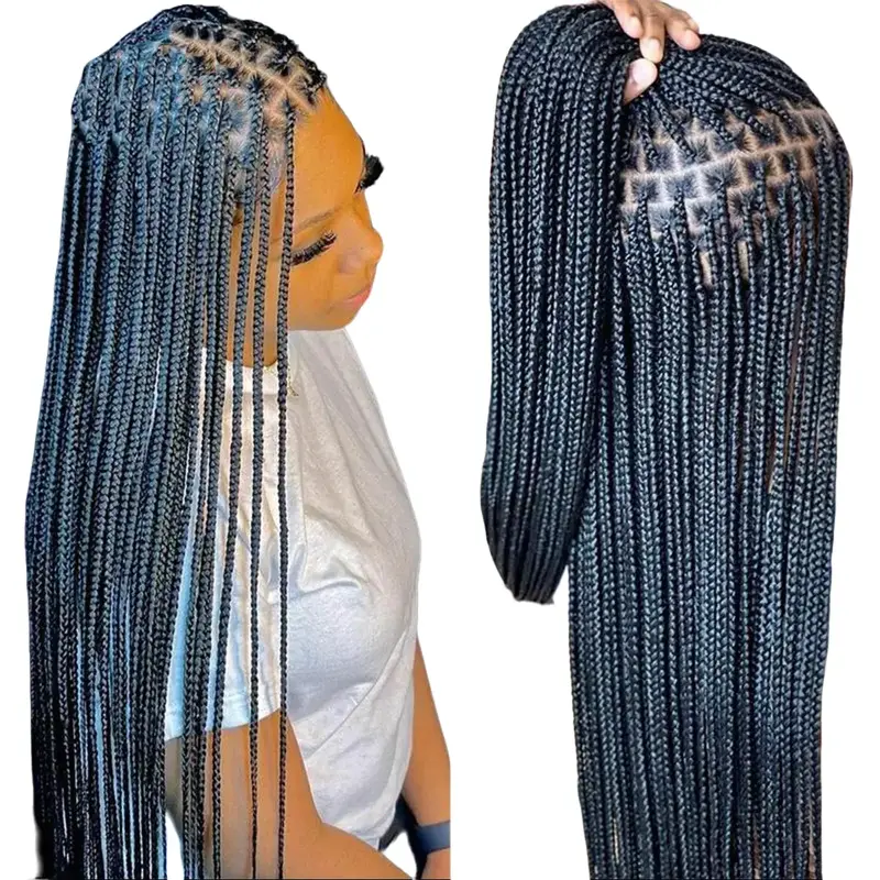 Women's Pre-Braided Synthetic Lace Frontal Braiding Wig - 32in/36in Straight Knotless Cornrow, Full Lace, Hand Crocheted, Blended Black with Baby Hair, Natural Hairline, Breathable, Comfortable, Durable, Wigs for Black Women, Crochet Braid Style