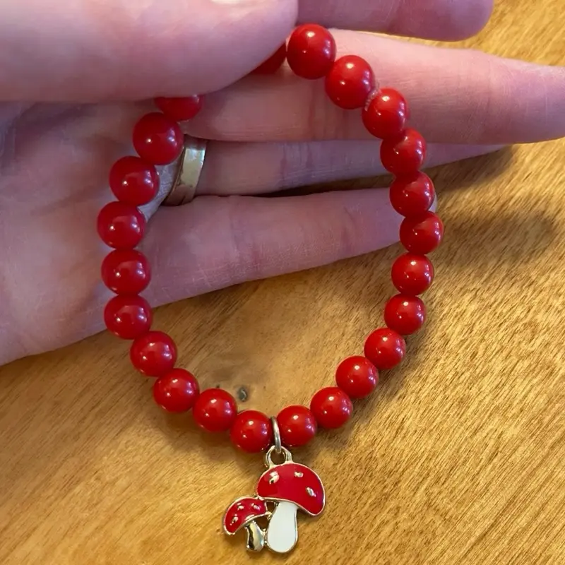 Small Red Mushroom Charm Bracelet - Red Beaded Bracelet with Unique Mushroom Pendant