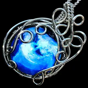 Sterling Silver Blue Glass Cosmos Galaxy Nebula Interstellar Space Universe Night Sky Star Trek Wire Wrapped Fantasy Pendant Necklace Amulet