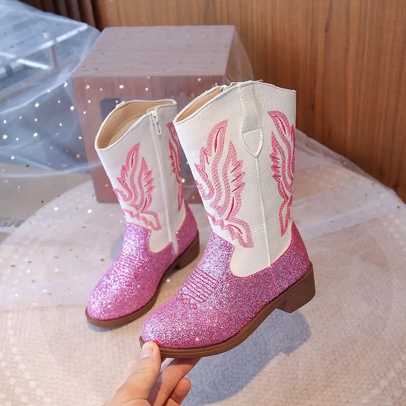 Glitter Cowboy Boots Girls Boys Western Riding Boots Mid Calf Cowgirl Boots Toddler Kids Fashion Shoes in Pink Black Gold Brown PU Leather Perfect Party Gift Holiday Christmas