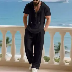 Men’s summer solid-color short-sleeve cap set with casual loose pants—breathable, skin-friendly, moisture-wicking, comfortable and not stifling under sweat. Simple, stylish solid color that looks great. Versatile for everyday outings and home wear. Lightw