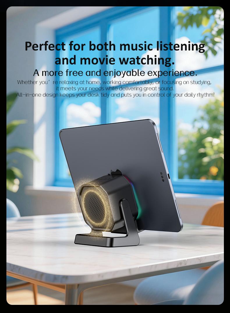 Wireless Induction Audio Speaker Stand - 5-in-1 360° Adjustable Phone/Tablet Holder with 1500mAh Built-in Battery, Colorful Ambient Light - Gift for Men