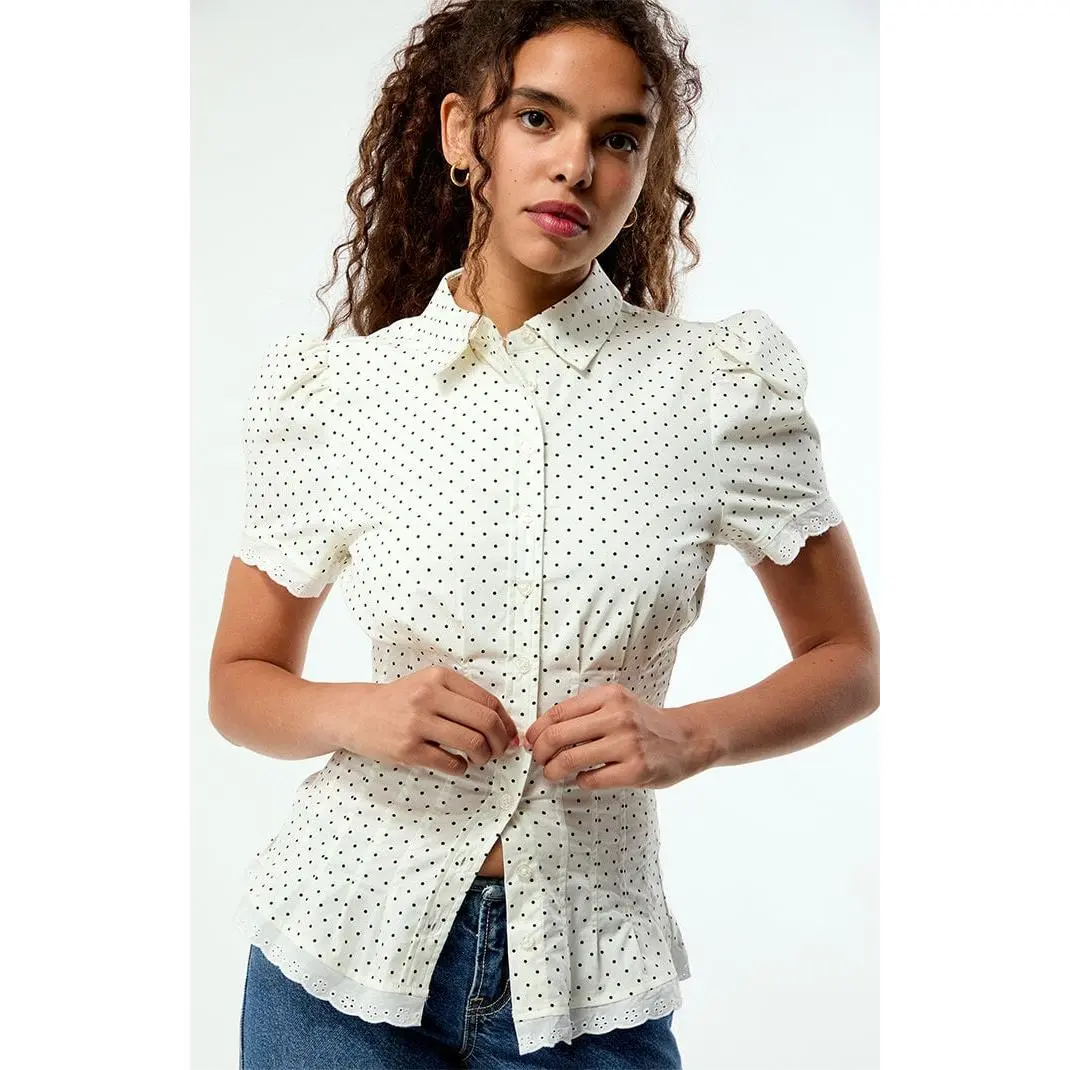 WEWOREWHAT Women's Polka Dot Cinched Button Up Shirt