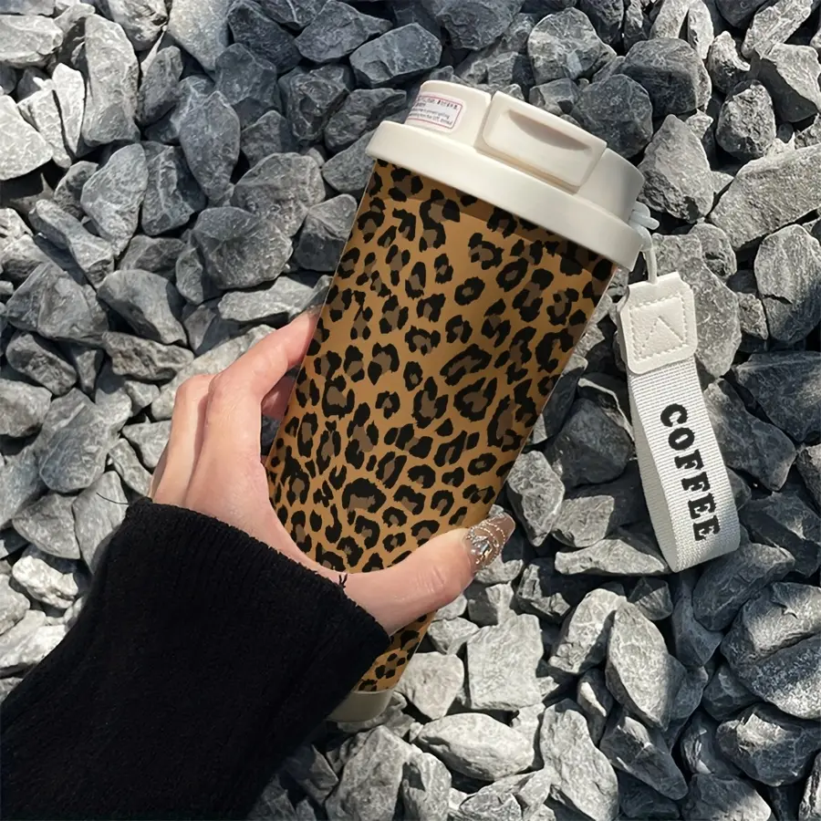 Stylish Leopard Print Insulated Cup, 530ML Stainless Steel Vacuum Flask with Straw & Lid, Ideal for Hot/cold Drinks, Office & Outdoor Use, Drinkware Insulation