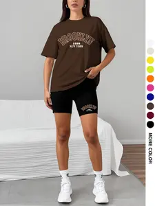 Women's Two-Piece Set    City Name Letter Print   Letter Print  Short Sleeve Round Neck Top   Printed Tight Shorts  Perfect for Commuting  Daily Wear  Outdoor Activities