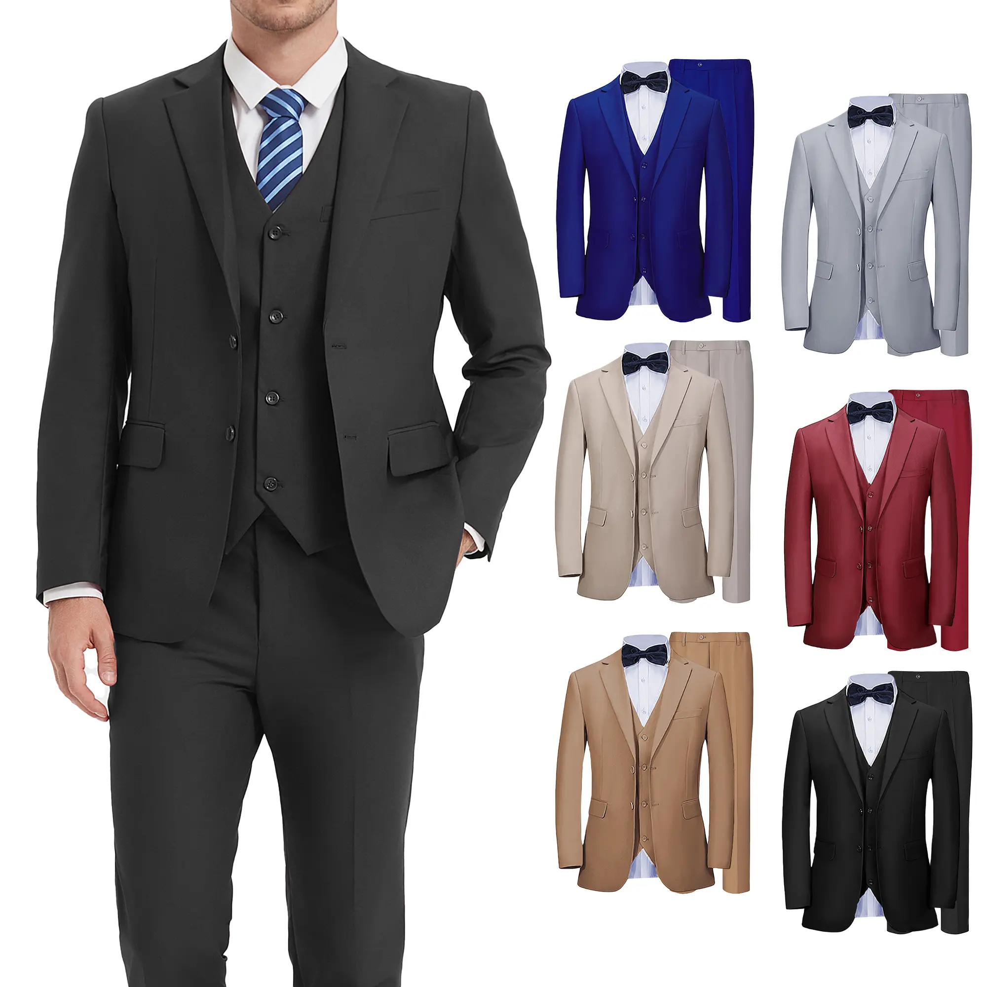 Men’s Classic 3-Piece Solid Black Long Sleeve Suit - Notch Lapel, Tailored Formal Wear, Versatile Gentleman Outfit for Weddings, Business, Fathersdaygift