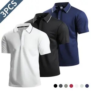 Set of 3 men’s polo shirts—fashionable short-sleeve button-up shirts, summer essentials, perfect for golf, tennis, casual wear, and outdoor activities; also suitable as golf shirts.