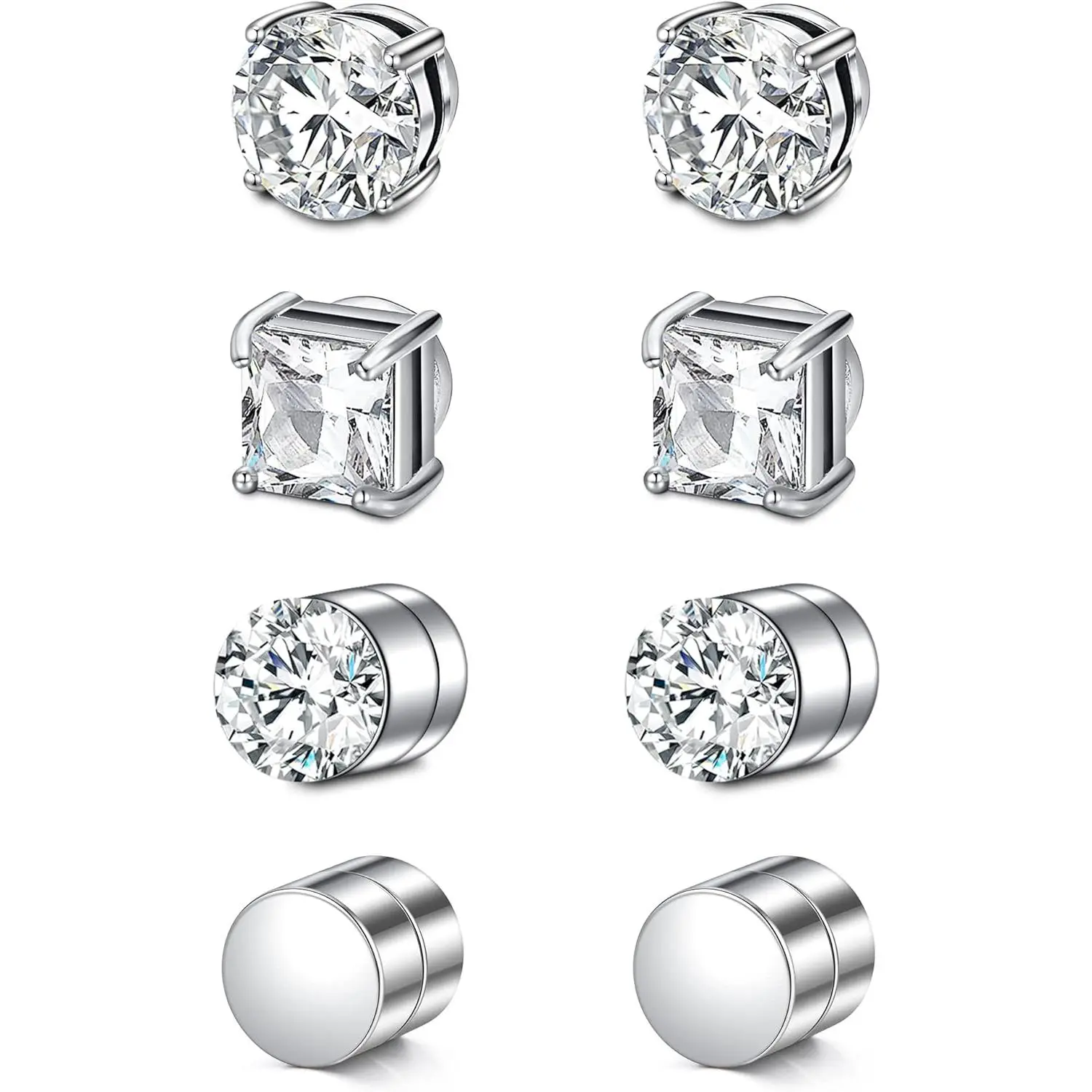 Punk Style Fake Stud Earrings Fake Cubic Zirconia Diamond Earrings for Women Men Girls Silver Black 6mm