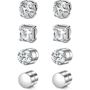 Punk Style Fake Stud Earrings Fake Cubic Zirconia Diamond Earrings for Women Men Girls Silver Black 6mm