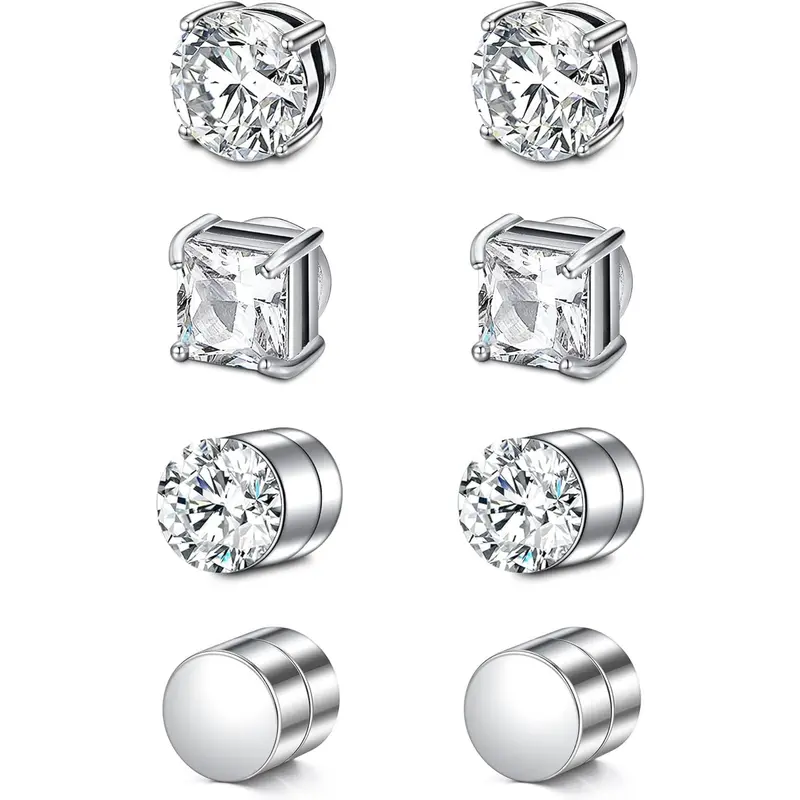 Punk Style Fake Stud Earrings Fake Cubic Zirconia Diamond Earrings for Women Men Girls Silver Black 6mm