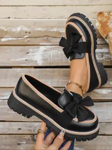 Women's Bowknot Loafers, Spring & Fall Casual PU Leather Shoes, Plain Pattern, Less Than Ankle Height, PVC Sole, Bowknot Design Loafers, Low Top Loafers