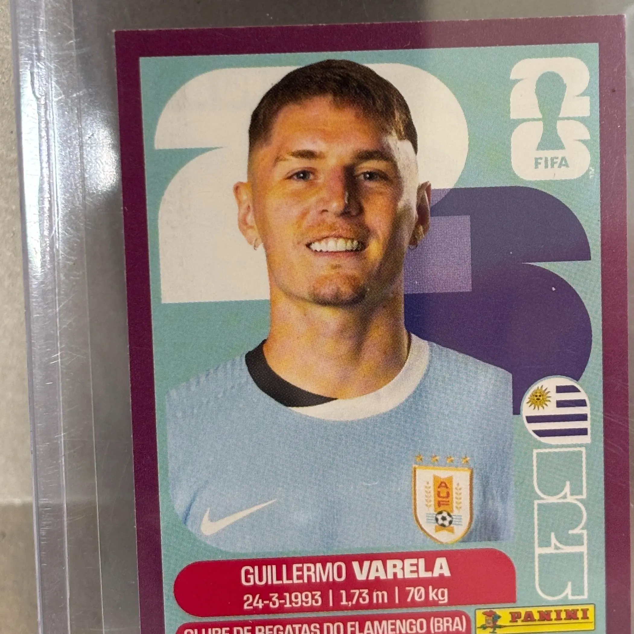 Guillermo Varela, Purple Border SP Sticker, 2026 Panini FIFA World Cup Sticker Collection, Uruguay, #URU-8