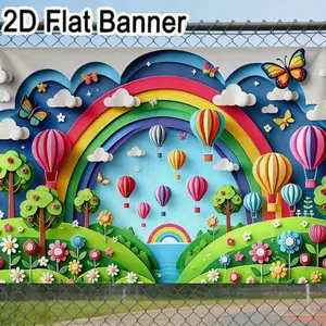 2D flat banner, 1pcRainbow Hills Hot Air Balloon 3D Paper Craft Backdrop, Whimsical Pastel Rainbow Arch Flower Tree Decor for Kids Party Photography, Colorful Butterfly & Clouds Event Banner