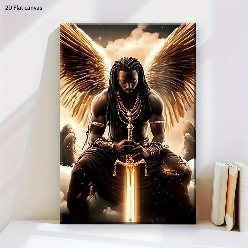 1pc Artistic African Warrior Angel Canvas Wall Art - Golden-Brown Tones Modern Abstract Painting, Wrapped Wood Frame Ready-to-Hang, Cultural Heritage Wall Decor for Home, Office, Bold Statement Piece