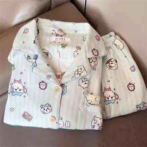 Cute Chiikawa Pajamas Set Women Long Sleeve Pants Spring Autumn Kawaii Loungewear for Students Home Sleepwear Girls Gift Toys