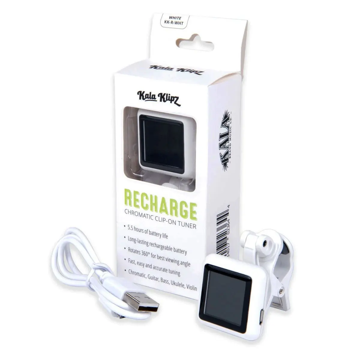 Kala Klipz Rechargeable Chromatic Clip-On Tuner for Guitar/Bass/Violin/Ukulele, White