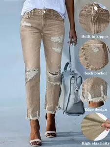 Women's Ripped Hem Ninth-Length Straight Casual Pants, Slim-Fitting Natural Waist Design, All-Season Plain Style Womenswear for Everyday Wear