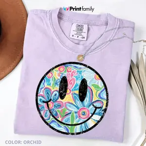 Comfort Colors Smiley Floral Summer Vibes T-Shirt, Trendy Watercolor Daisy Summer Tee, Graphic Cotton Tee, Cotton Top Womenswear - Printfamily