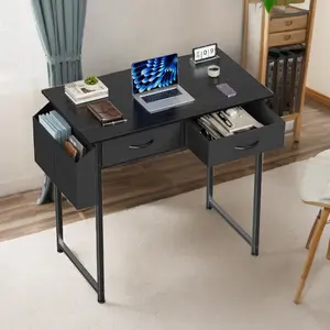【Deal】Computer Desk Small Home Office Bedroom Writing Study PC Table with Storage Space Fabric Side Bag Headphone Hook Metal Frame Adjustable Feet
