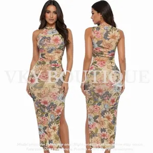 Vintage Bloom High Neck HM Maxi Dress with Floral Pattern and Sleeveless Design