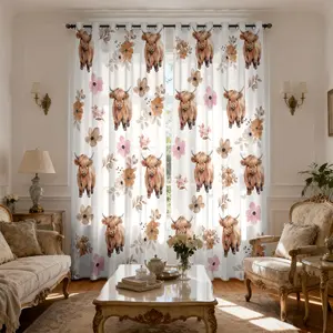 2-piece pack of fresh watercolor flowers and highland cow print filter translucent curtains, Window Curtain, suitable for machine washable decorative curtains in living rooms, bedrooms, kitchens, etc.