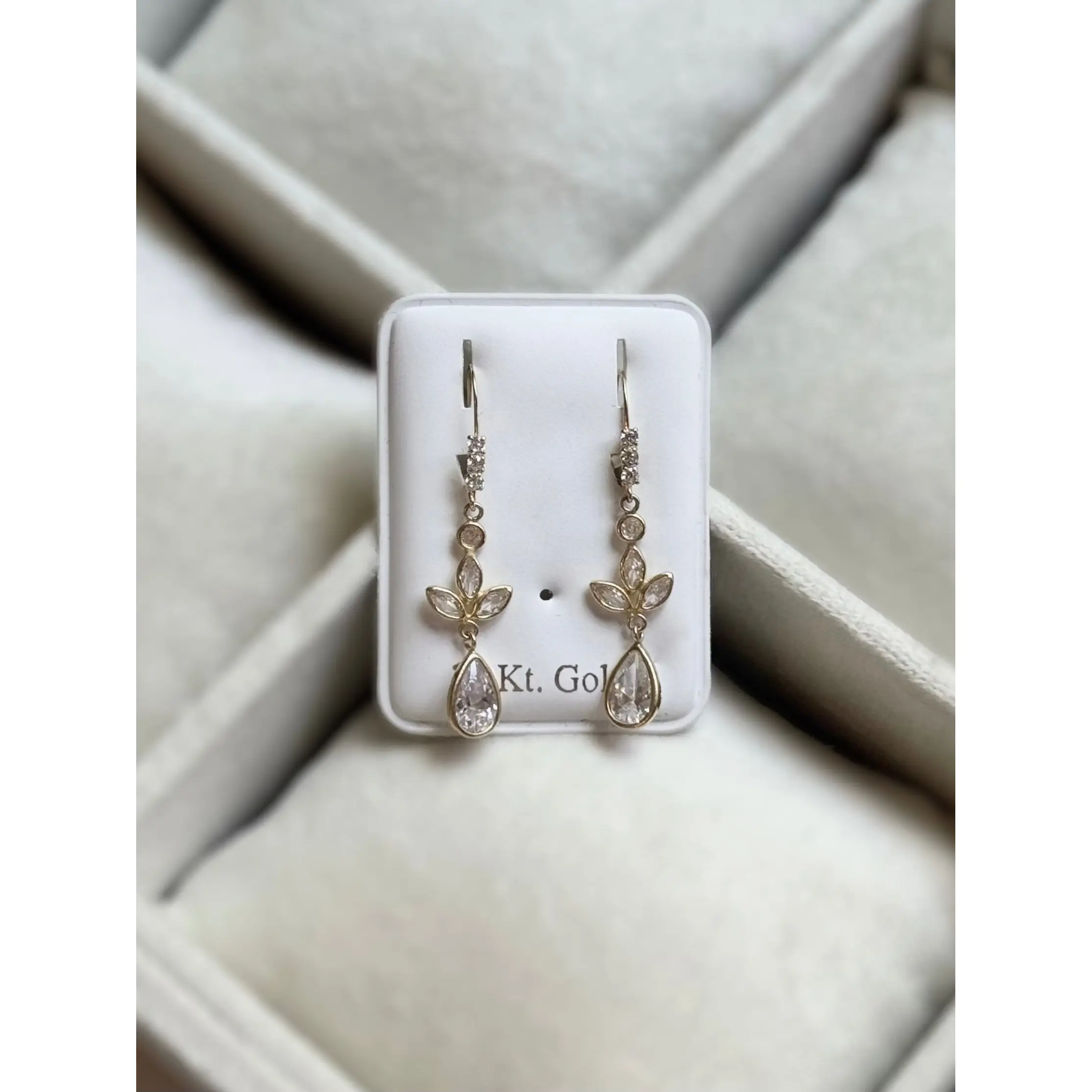 14K Gold CZ Lever Back Dangling Earrings