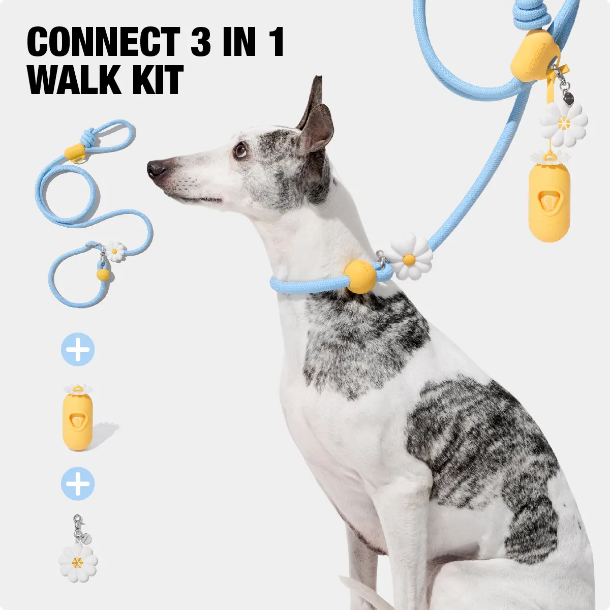 VETRESKA Hands-Free Dog Leash for Medium-Large Dogs, 4.4ft-8.2ft Adjustable Rope Leash with Poop Bag Dispenser, Clip, Waist/Crossbody Slip Lead 3-in-1 Walk Kit (Collars & Leads, Coffee, Flora)