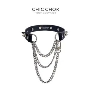 CHICCHOK Spiked Breathless Black Leather Choker Necklace with Spikes Multi-Layered Pull Chain Adjustable Fit for Men Women
