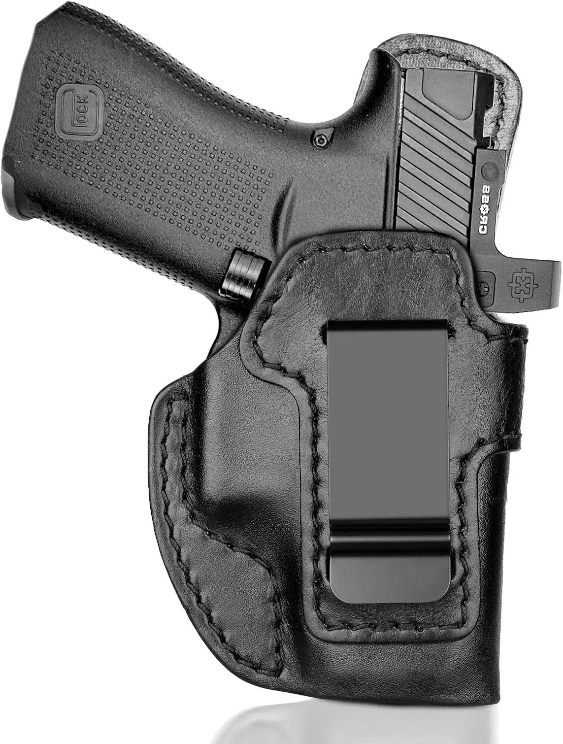 Premium IWB Leather Holster for Glock 43, Glock 43X, Glock 43X MOS, Concealed Carry Holster with Optic Cut, Steel Clip Fits 1.75" Belt, G43 Inside Waistband Holster, Stealth Black, Right/Left Hand gun