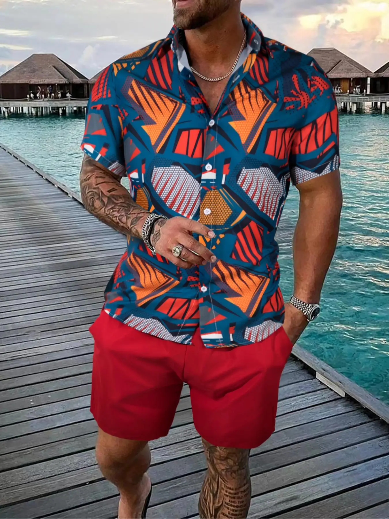 Men's All Over Print Shirt & Shorts Two Piece Set, Streetwear, Regular Fit Button Down Short Sleeve Shirt & Drawstring Shorts, Summer Clothes, Hawaiia