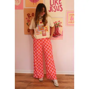 High Waist Checkered Wide Leg Knit Pants