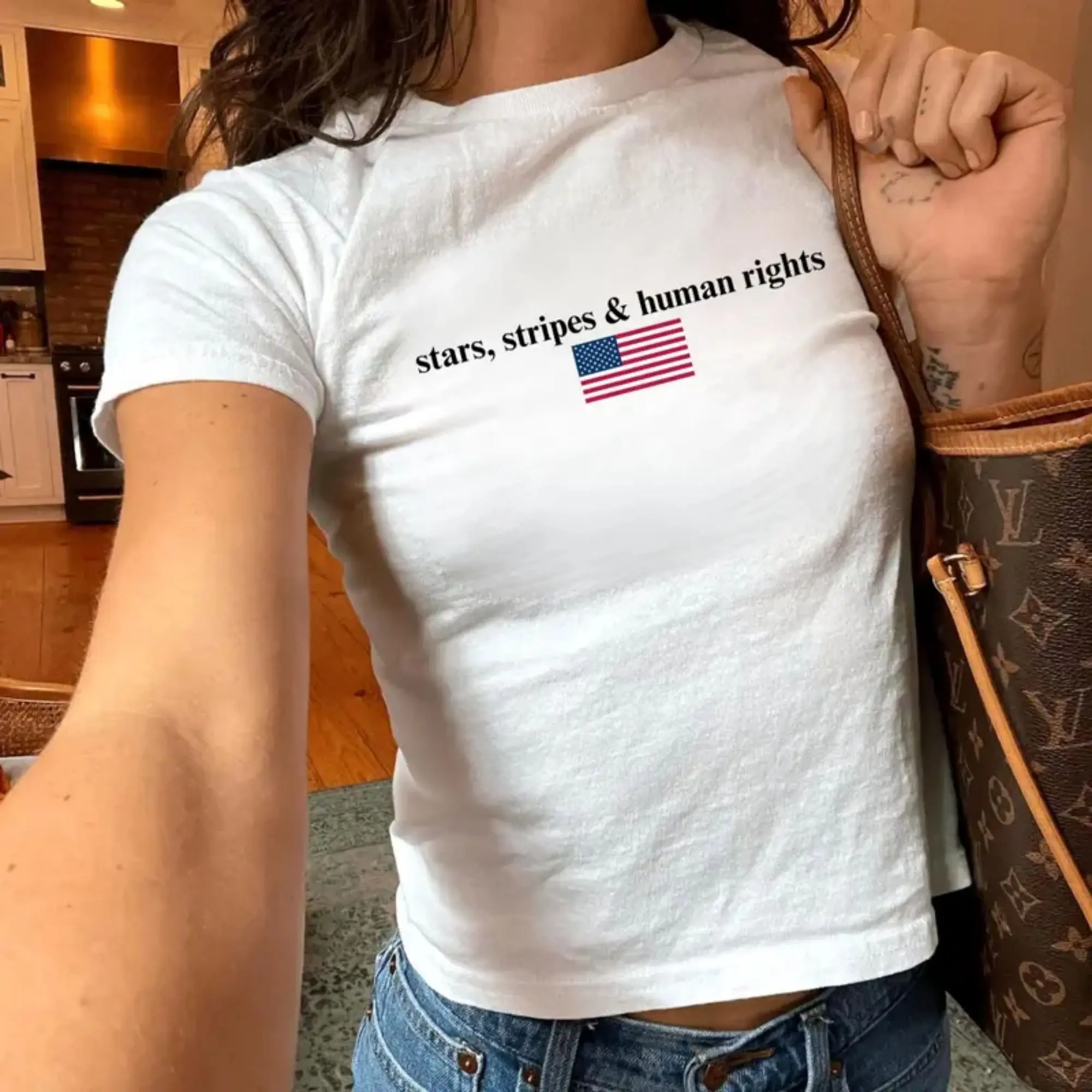 Women's Short-Sleeve Spider-Themed T-Shirt - Stars Stripes Human Rights Crop Top, Patriotic Equality Feminist USA Graphic, Cute 4th of July Fitted Casual Summer Outfit, Gift for Baby & Her
