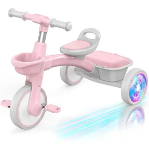 Colorful Lighting Toddler Tricycle for 2-5 Years Old Girls, Adjustable Seat&Handlebar Trike, Removable Basket, Birthday Gift Idea for Kids Ages 2+ (Pink)