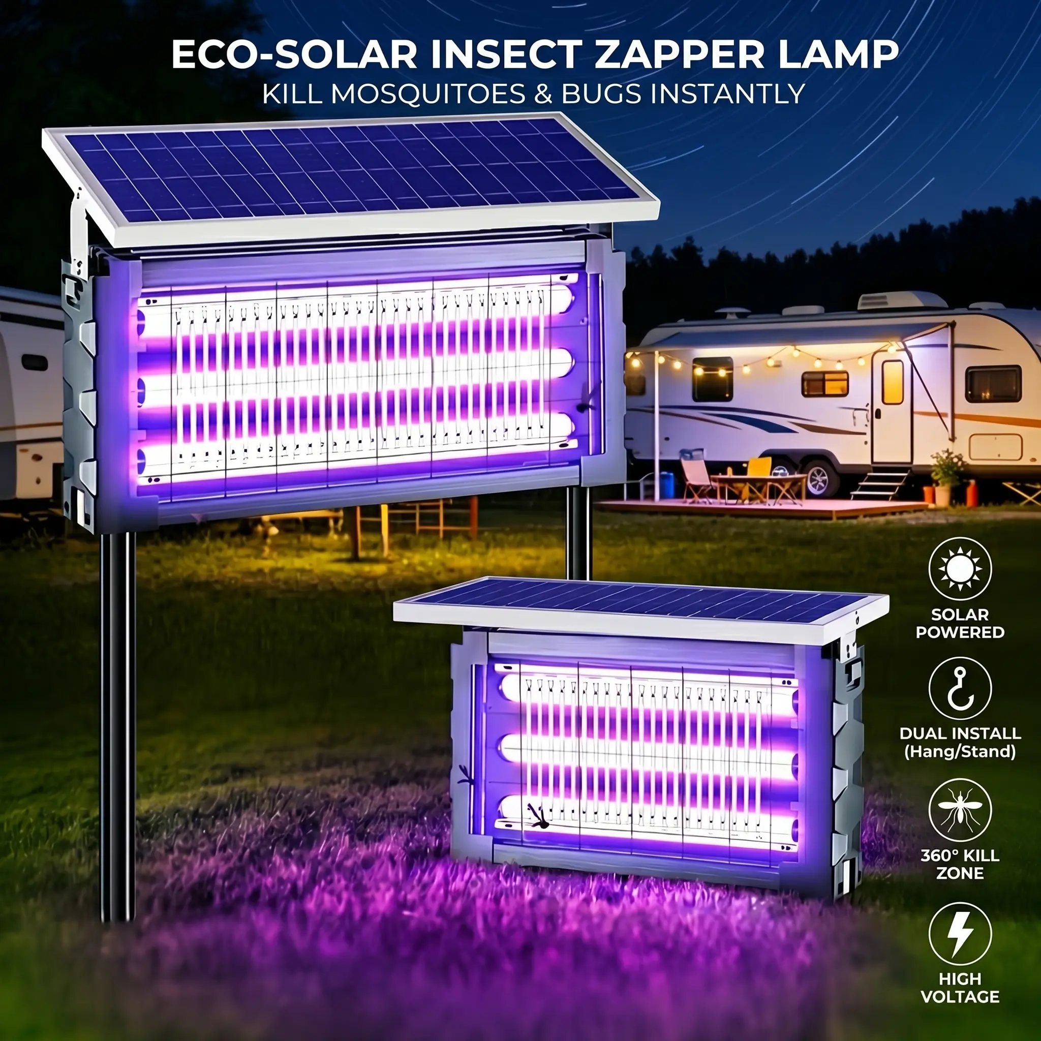 Outdoor high-efficiency solar powered insect killer lamp, 3-channel ultraviolet lamp, solar and USB charging, electric mosquito trap, large capacity battery, suitable for courtyard, garden, camping IPX5 waterproof and durable, heavy-duty mosquito killer