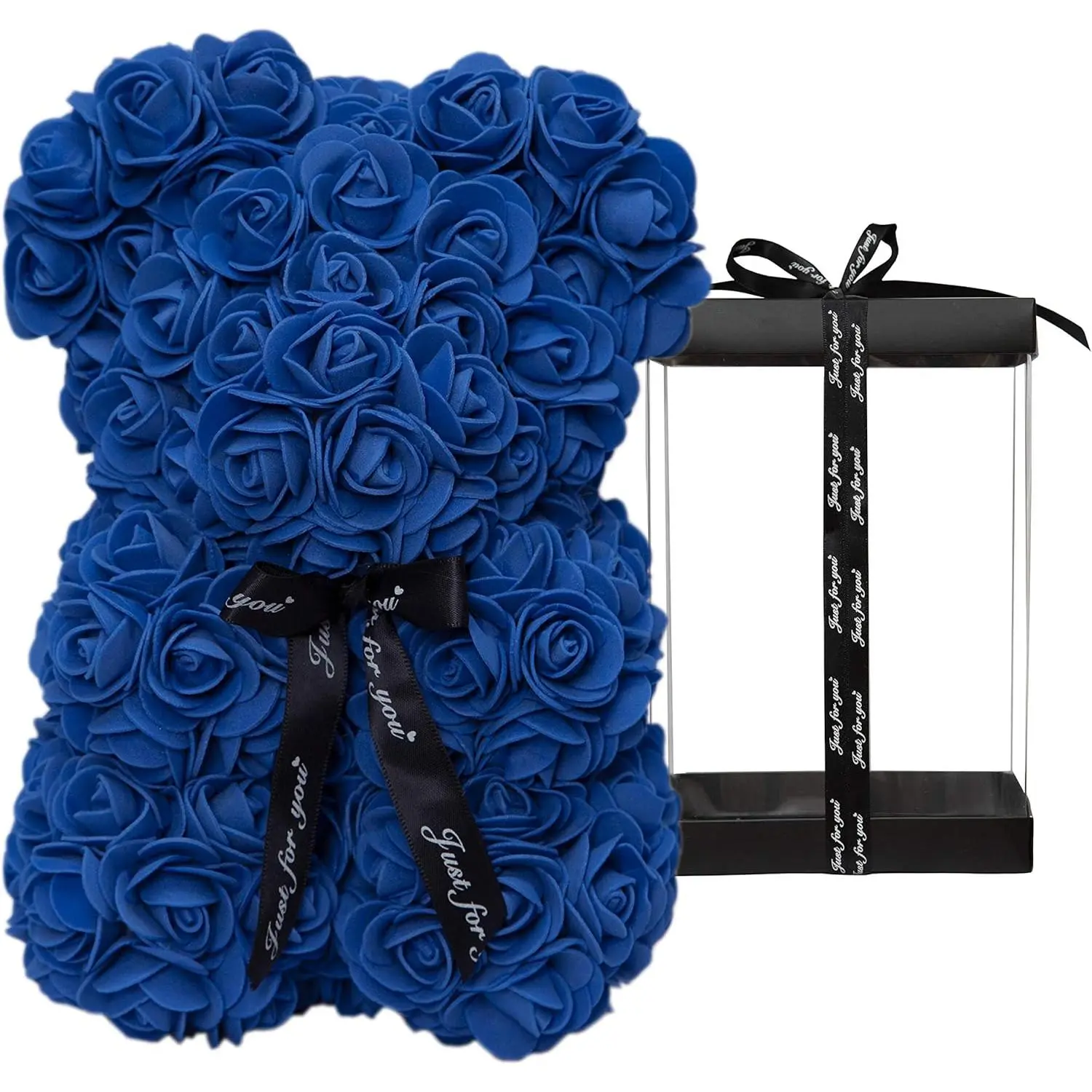 Rose Bear Rose Teddy Bear Flower Gift Black Box for Valentines Day Anniversary Mothers Day Christmas,Birthdays Bridal Showers -Fully Handmade 10 inch Flower Bear Clear  Gift Box (Royal Blue)