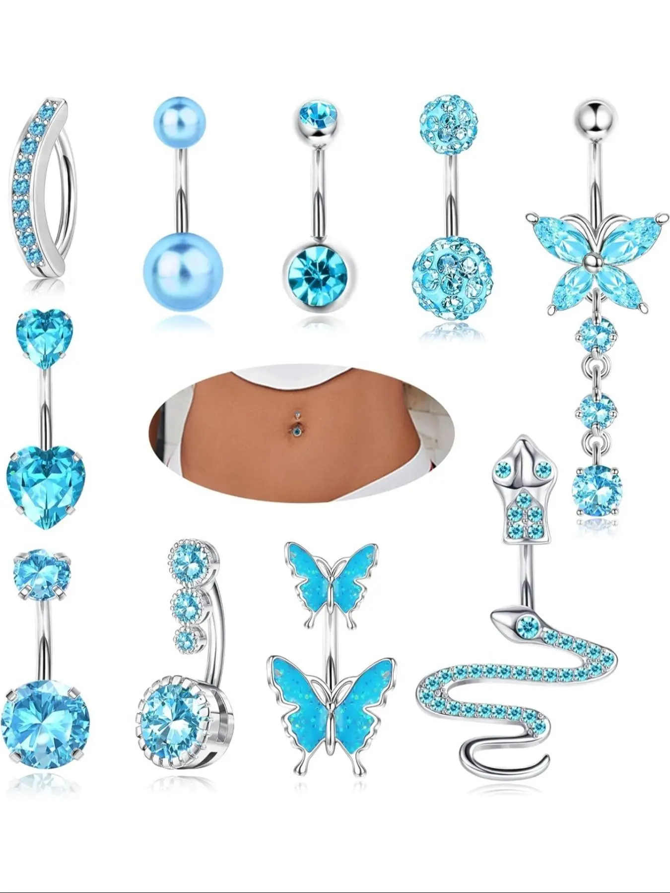 Butterfly & Snake & Heart Design Belly Ring, Navel Piercing Jewelry, Rhinestone Decor Belly Piercing Set, Body Piercing Jewelry for Women & Girls, Belly Button Piercing, Belly Button Rings, Piercings Jewelry