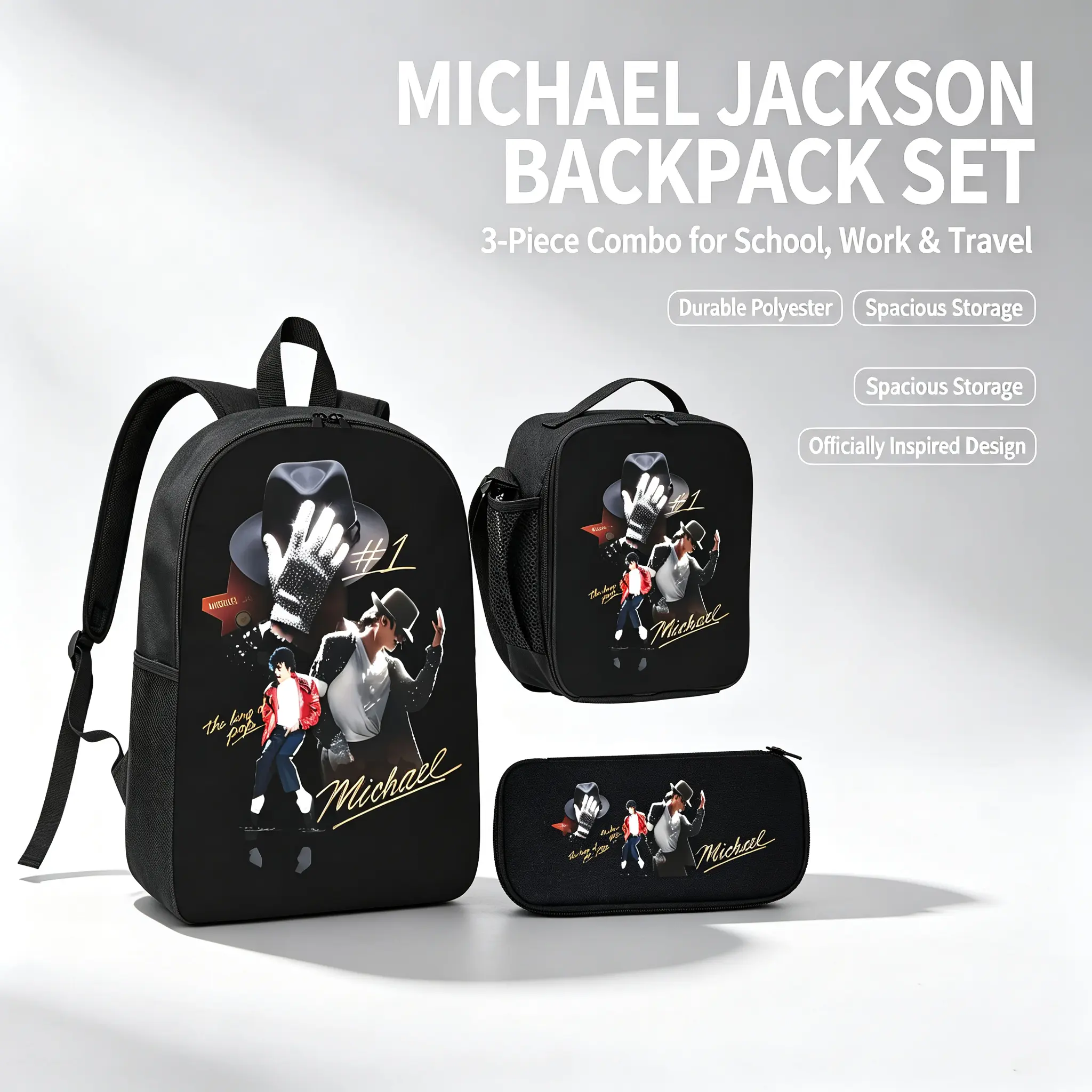 Michael Jackson print backpac 3-in-1 BookbagSet with Insulated Lunch Box,Pencil Pouch,2026 Back-to-School,Lightweight Elementary School Bookbag,Pop Music Theme School Bookbag，Kids Backpack,Backpack for school,Multi Function Backpack