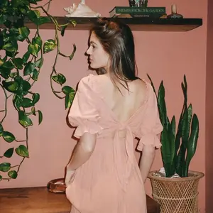 Keira Reversible Dress - Casual Women's Dress with Tie Detail, Short Sleeves, and Flowing Skirt in Soft Peach Color - Womenswear